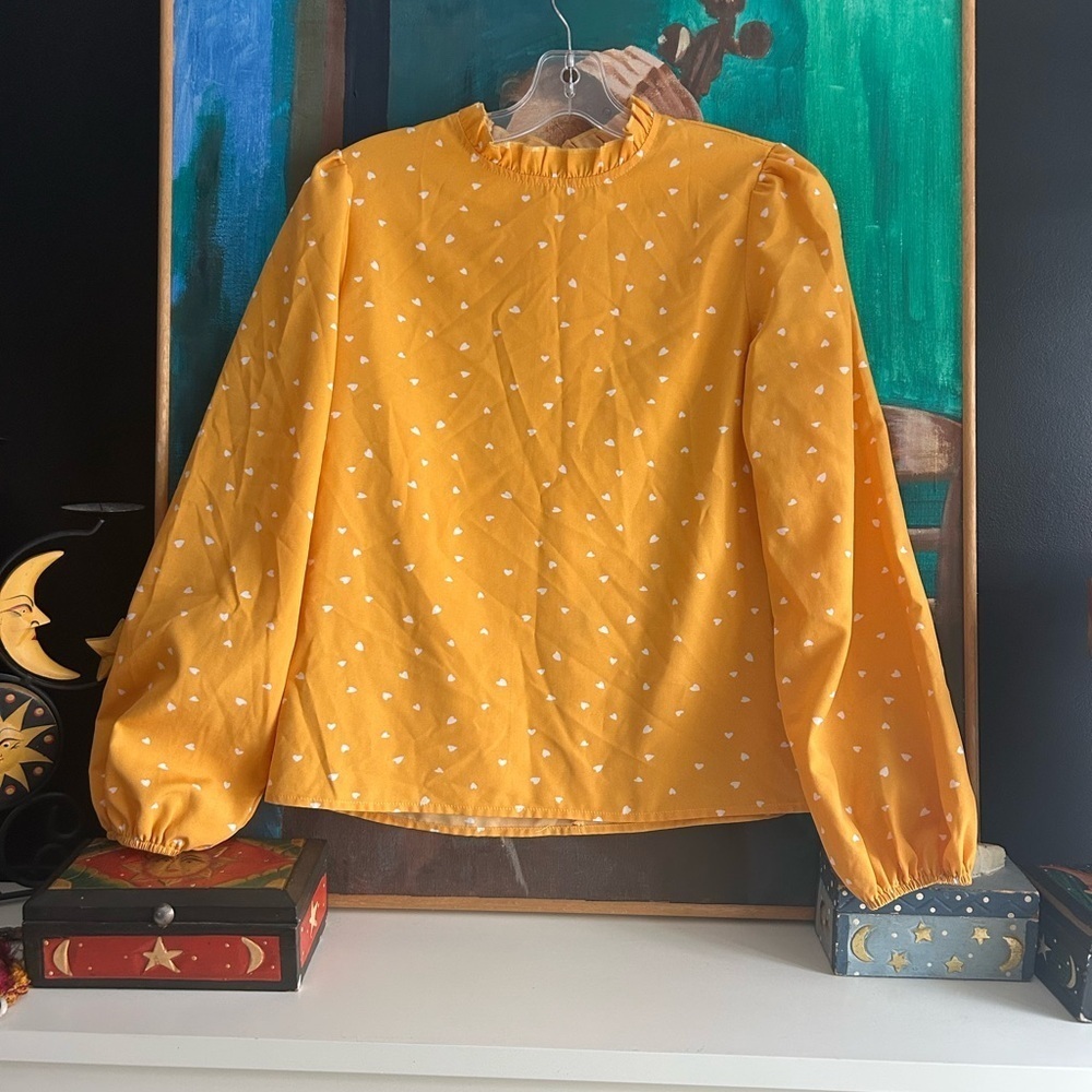 SHEIN Mustard Heart Print Blouse Women’s XS Puff Sleeve Cottagecore Top